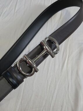 Salvatore Ferragamo Black Belt with Silver Double-Gancini Buckle